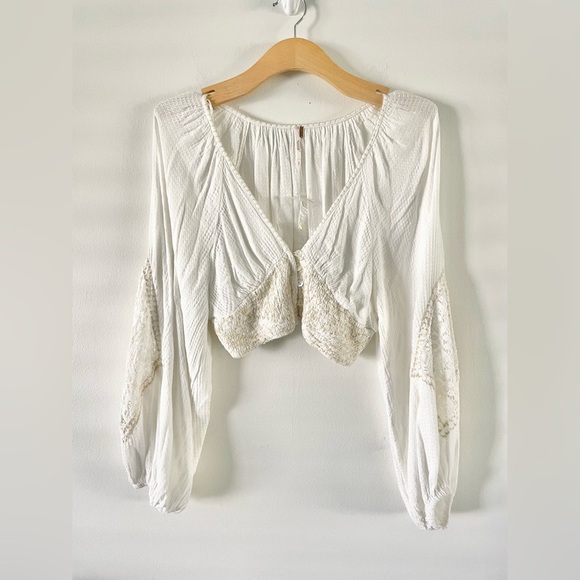 New! Free People Sexy Cropped Boho Peasant Blouse Ivory Embroidered Size S Lace - Picture 2 of 6